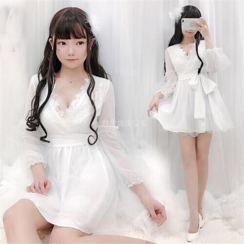 Girls Sexy Sweet Lolita Dress Long Sleeve Japanese Style White Wedding Princess Tea Party Dress Lace Kawaii Loli Cosplay