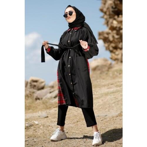 Line Indigo Women Trench Coat New Season Cap Muslim Set Hijab Clothing Turkish Arab Fashion