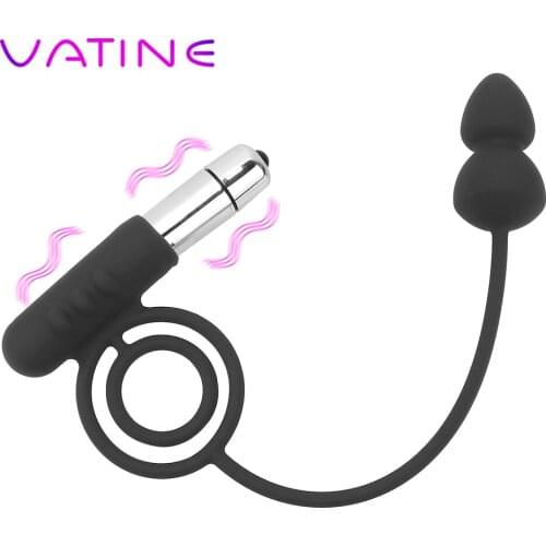 VATINE Climax Male Prostate Massager Penis Delay Ejaculation Silicone Double Cock Ring Vibrating Penis Ring Anal Butt Plug