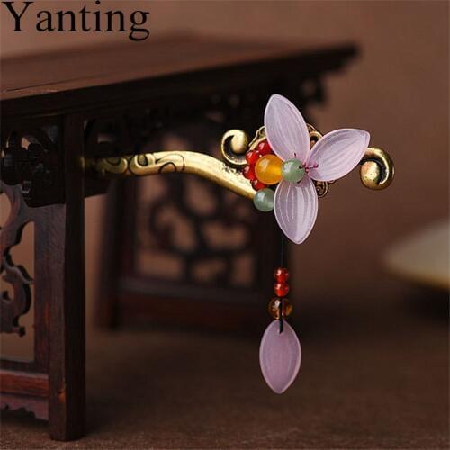 Yanting Glass Glazed Flower Hair Jewelry Ethnic Chinese Hair Sticks Natural Stone Handmade Head Jewelry Bridal Hairpins Gift 055