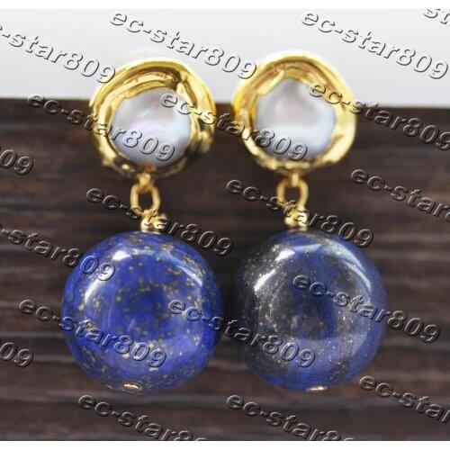 Z11353 18mm Blue Round Lapis Lazuli Pearl Gold plated Dangle Earring Women Fasion Jewelry