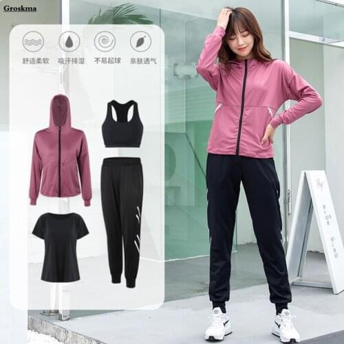 2021 Women Quick Dry Yoga Suits Fitness Gym 4 Piece Set Coats+Bra+T Shirt+Pants Workout Running Clothing Sportswear Suits