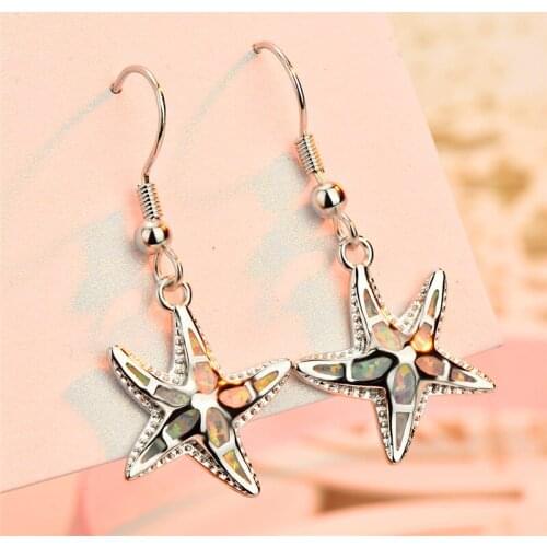 Female Cute Animal Starfish Drop Earrings 925 Sterling Silver Filled White Blue Fire Opal Earrings For Women Wedding Jewelry