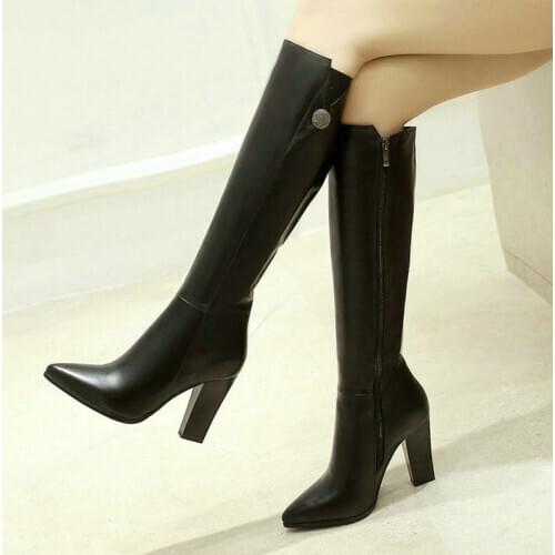 2020 New Women Knee High Boots Fashion Pointed Toe Square Heel Women Long Boots Zipper Women Winter Boots Big Size 34-43