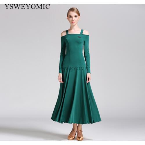 2019 Dark Green 7 Colors High Quality Waltz Ballroom Dress Standard Long Sleeve Practice Cheap Ballroom Dresses For Ladies S9008