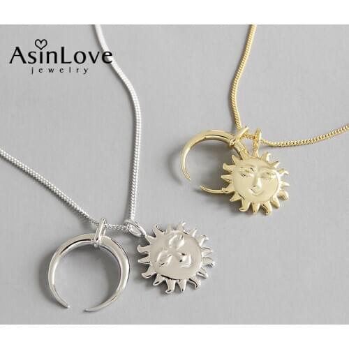 AsinLove Unique Real 925 Sterling Silver Moon Sun Pendant Necklace Fashion All-match 18K Gold Long Necklace for Women Jewelry