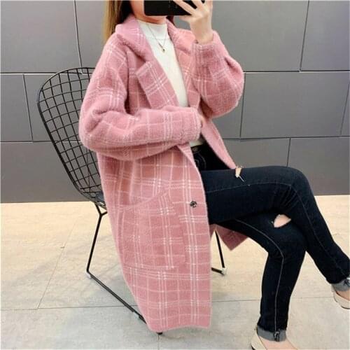 Imitation Mink Overcoat Women Long Plaid Sweater Female Thick Autumn Winter Clothing Fashion Lantern Sleeve Cardigan Coat f2470