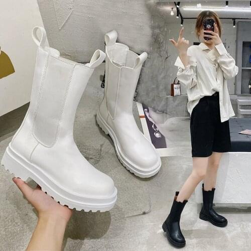 Brand designer elastic band mid-calf boots women chunky heel platform goth booties female leather short winter tube bottes femme