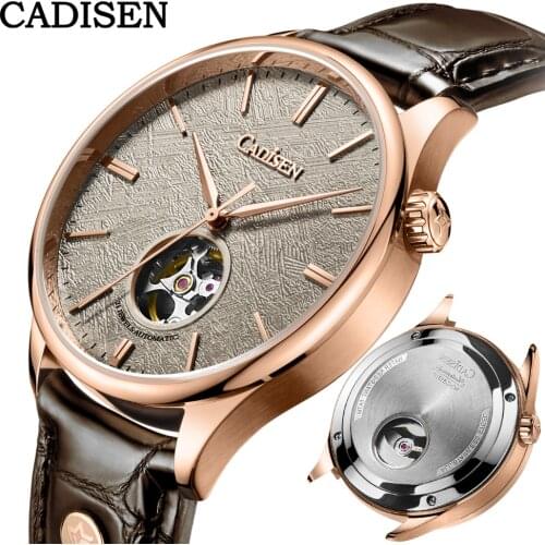 CADISEN Men Mechanical Wristwatches Meteorite Dial MIYOTA 82S0 Watch Italian Leather Sapphire Automatic Hollow out Watches Mens