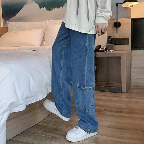 2021 Summer New Mens Jeans Fashion Loose Straight Casual Jean Pants Patchwork Pockets Cowboy Mens Streetwear Vintage Trousers