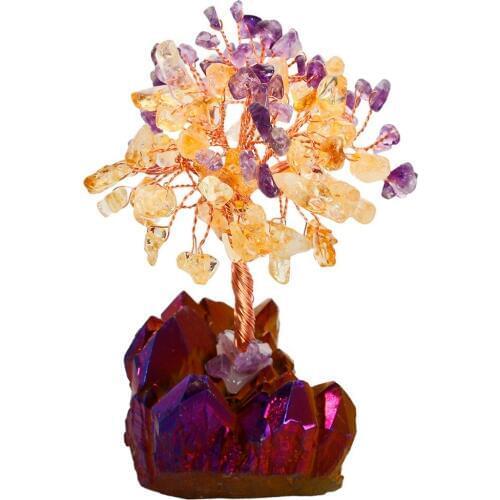 4" Natural Yellow Purple Crystal Money Tree,Purple & Gold Aura Titanium Crystal Cluster Base Bonsai Figurine Wealth Luck