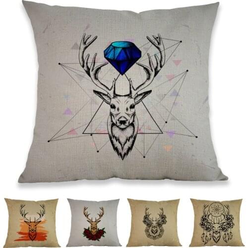 Indian Style Deer Head Antlers Dreamcatcher Pattern Linen Pillow Case Home Sofa Decoration Cushion Cover 45x45cm