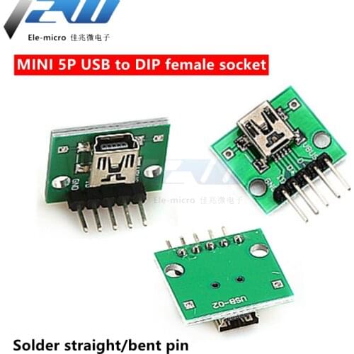 MINI 5P USB adapter DIP female socket solder pin, straight plug adapter board Welded mobile phone power data line module 2pcs