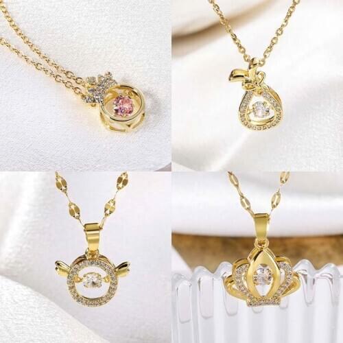 Fashion Crystal Purse Crown Pendant Necklace For Women Girls Geometric Charms Stainless steel Choker Jewelry Party Gifts