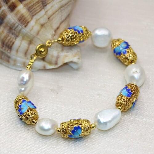 Natural 12-14mm irregular white pearl beads bracelets for women gold-color cloisonne strand charms gifts jewelry 7.5inch B3003