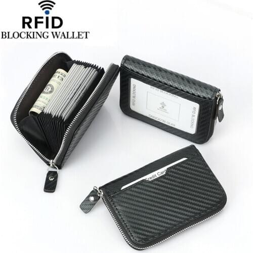 New Arrival RFID Blocking Card Wallet Carbon Fiber Business Clutch Card Holder for Men and Women Zipper Solid Casual Card Bag