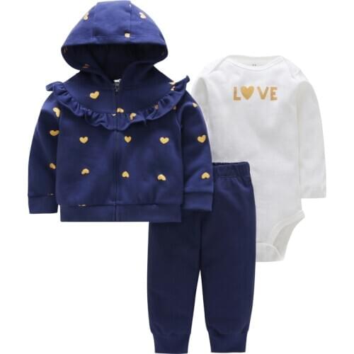 Autumn baby girl clothes heart print coat&jacket+letter romper+pants 3PCS clothing set for 6-24M bebes baby boy girl outfits
