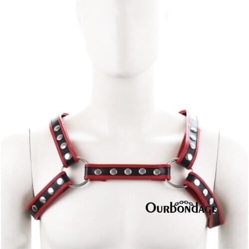 Ourbondage Mens BDSM Bondage PU Leather X-Shape Back Body Chest Muscle Red Lining Belt Punk Rivet Strap Shoulder Harness For Gay