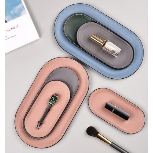 Stainless Steel Leather Oval Storage Tray Dressing Table Makeup Jewelry Tray Desktop Organize Snack Storage Box