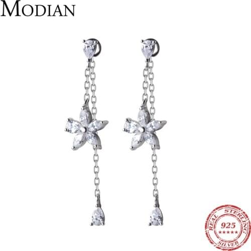 Modian Trendy Swing Flower Drop Earrings Elegant 925 Sterling Silver Clear CZ Dangle Ear Pin For Women Wedding Statement Jewelry