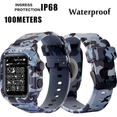 IP68 Waterproof Silicone Case Cover For Apple Watch iWatch 44mm 42mm Band Series 2/3/4/5 Camouflage Strap Replacement Wristbands