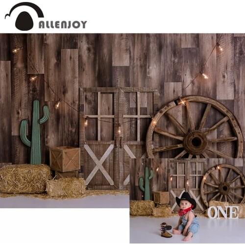 Allenjoy Barn Wooden Floor Smash Cake Photography Backdrops Western Cowboy Child Birthday Photocall Decor Brown Photobooth Vinyl