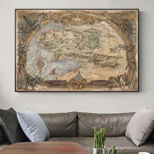 Vintage Middle-Earth World Map Movie Poster And Prints Lord Of Rings Wall Art Canvas Painting Decoration For Living Room Cuadros