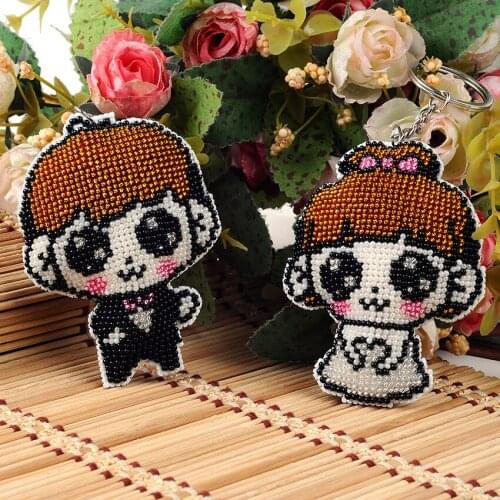 Y056 57Couples precise printing full pearl embroidered key ring boy girl double side bead cross female backpack Pendant