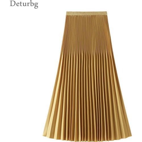 Womens Elegant Solid Color Pleated Skirt Female Korean High Waist A-Line Midi Skirts 8 Colors 2020 Summer Faldas Saias SK532