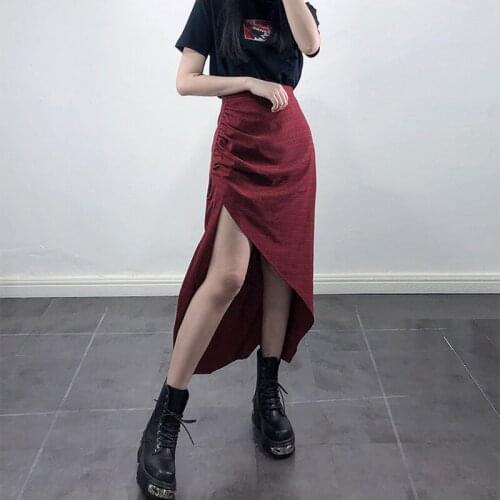 Fashion Summer Punk Gothic Girl High Split Pleated Skirts 2021 Women Sexy Red Plaid High Waist Long Skirt Female Streetwear New