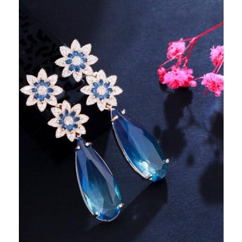 ThreeGraces Elegant Gradient Blue Cubic Zirconia Fashion Long Flower Dangle Drop Earrings for Women Wedding Party Jewelry ER680