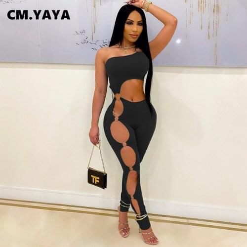 CM.YAYA Women Jumpsuits Solid Sleeveless One Shoulder Hollow Out Stretchy Bodycon Pencil Jumpsuits Sexy 1 Piece Overalls Summer