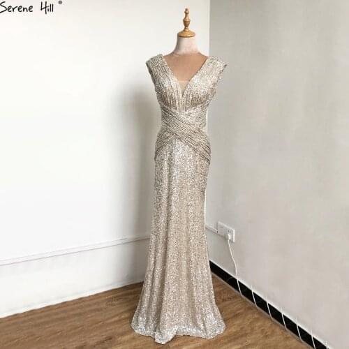 Champagne Mermaid Sleeveless Evening Dress Long 2020 V-neck Sparkle Sexy Formal Dress Woman Party night Serene Hill BLA70337