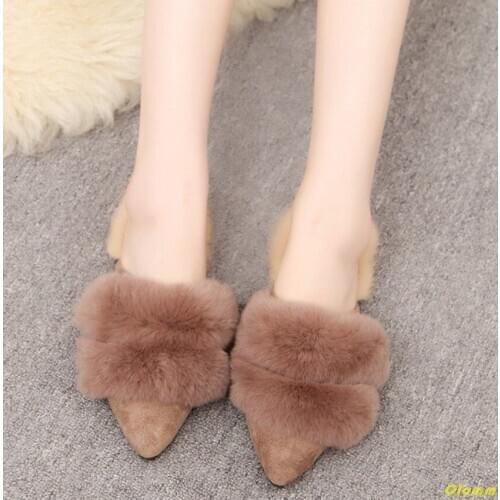 Winter Women Slippers Faux Fur Fashion Slippers house Warm Shoes Slip on Flats Female Slides green Pink cozy home furry slipper