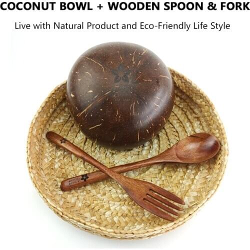 1pc LNP Coconut Bowl Set Wooden Spoon Fork Real Organic Coconut Shell Polished with Coconut Oil Handcraft Coconut Bowl with Logo