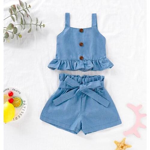 2021 Summer Girls Blue Clothes Set Ruffles Crop Tops + Bow Shorts Baby Sunsuit Kids Girl Clothing Sets Toddler Outfits Age 1-4Y