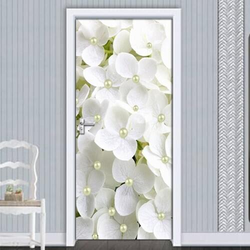Door Sticker 2Pcs/set PVC Self-adhesive 3D Removable White Flower Pearl Wallpaper Living Room Door Decor 3D Decal Wall Sticker