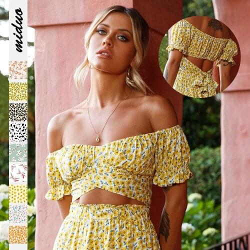 Hot Sale Yellow Floral Digital Printing Womens One-neck Sexy Short-sleeved Tops Fashion Off-shoulder T-shirt Woman Tshirts