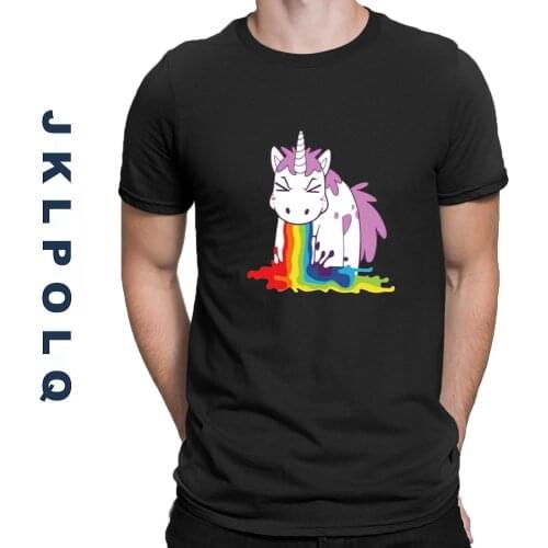 JKLPOLQ Japanese Anime Funny Men T-Shirt Unicorn Rainbow High Quality 100% Cotton White Black Tops Oversize Eu Size XS-3XL