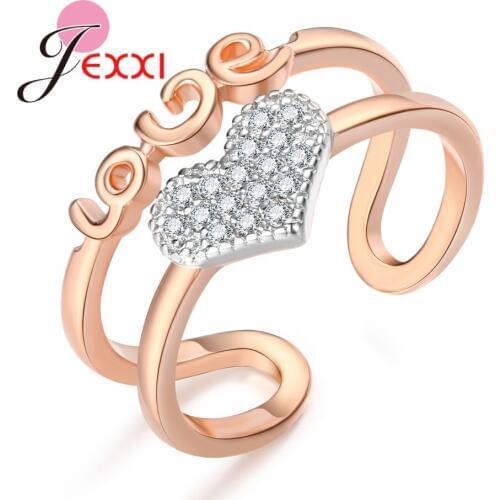 Romantic Heart Rose Gold Color Adjustable Rings Full Micro Paved Shiny Clear Crystals Finger Bague For Bridal Women