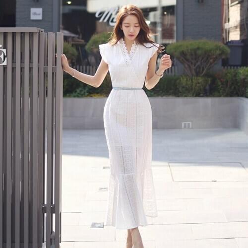 Summer Korean White Dress Ladies Sleeveless Hollow Out Empire Elegant Dress for Wedding Party Womens Dresses New Arrival 2020