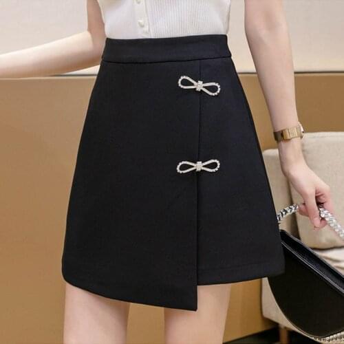 Summer white mini skirts high waist slim a line irregular skirt with slit Rhinestone kawaii bow women skirt korean fashion jupe