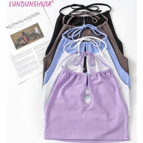 LUNDUNSHIJIA 2021 New Summer Women Sexy Chest Front Hollow Out Halter Crop Tops Ladies Cotton Lavender Purple Camisole Tops