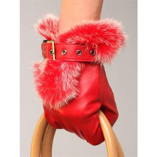 Women HOT Sale Fashion Sheepskin Gloves Wrist Rabbit Hair Genuine Leather Five Finger Elegant Lady Driving Glove L057PN-5