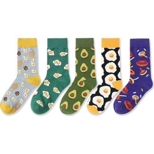 Men Socks Cartoon Avocado Apple Salad Hamburger Doughnuts Poached Korean Harajuku Funny Cute Female Hosiery Streetwear Hip Hop
