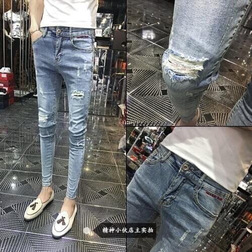 Wholesale Mens trousers ripped trousers casual Korean style slim-fitting feet social people spirit guy teenagers denim jeans