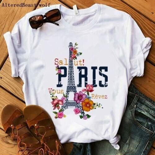 Paris eiffel tower flowers Printed Women t shirt fashion casual loose t shirt Lady summer 2019 short sleeve harajuku vogue tops