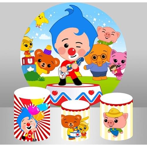Plim Circle Backdrop Kids Birthday Party Banner Cartoon Pig Bear Round Background Circus tent Cylinder table Cover Elastic