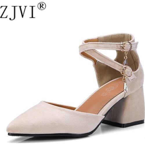 ZJVI Woman Fashion Square High Heels Sandals Women Summer Shoes 2020 Womens Female Ankle Strap Pointed Toe Suede Nubuck Sandal