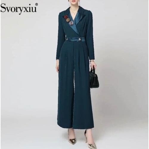 Svoryxiu Autumn Fashion Woman Office Lady Siamese Wide Leg Trousers Appliques Lapel Solid Casual Button Solid Siamese Pants